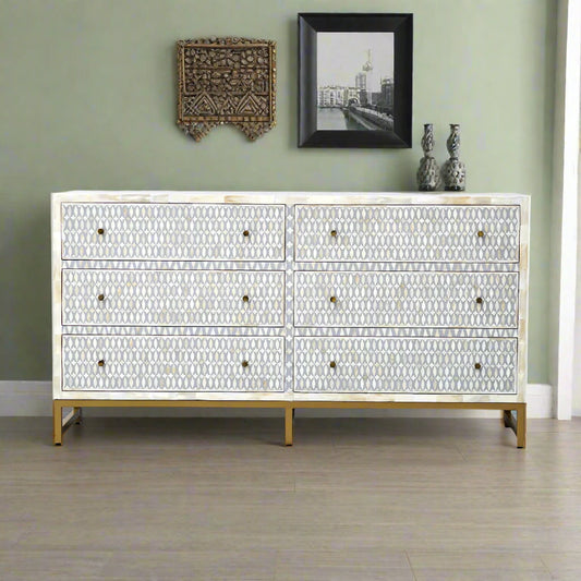 Bone Inlay Geometric pattren Chest Of 6 Drawers In Grey