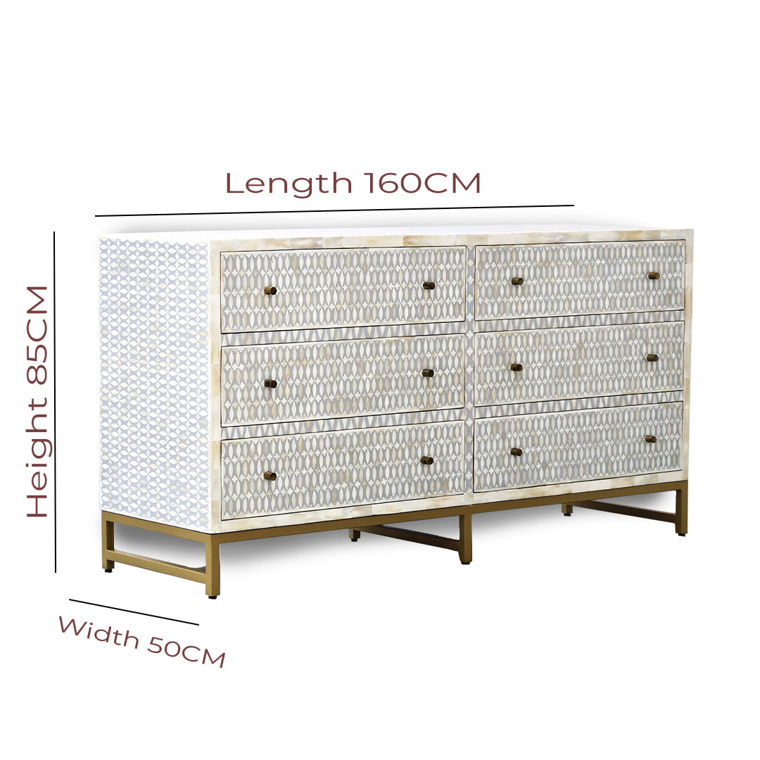 Bone Inlay Geometric pattren Chest Of 6 Drawers In Grey