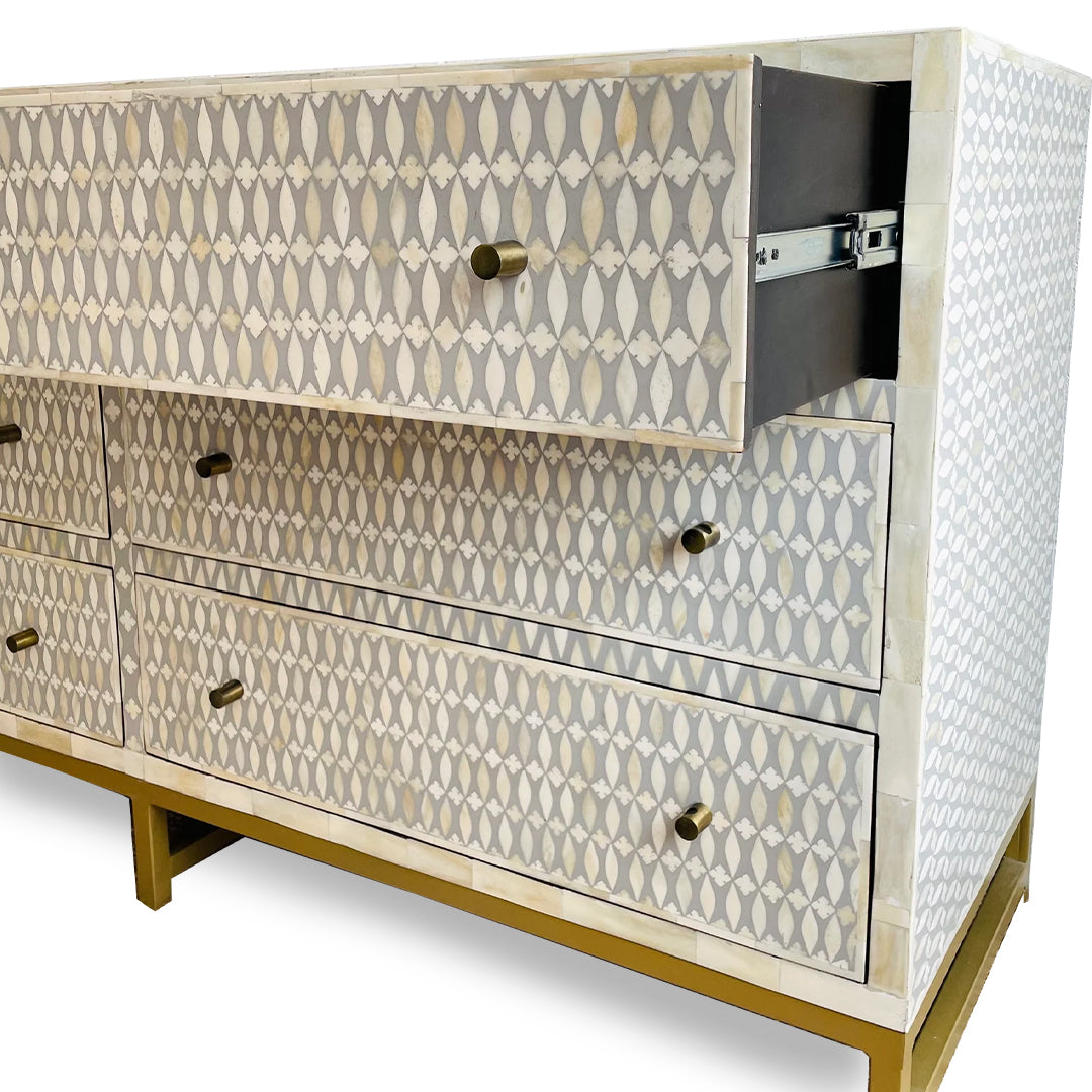Bone Inlay Geometric pattren Chest Of 6 Drawers In Grey