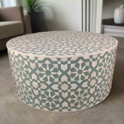 Moroccan Pattern Bone Inlay Round Coffee Table - Teal