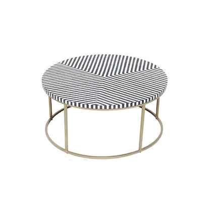 Geometric Black and White Striped Round Bone Inlay Coffee Table