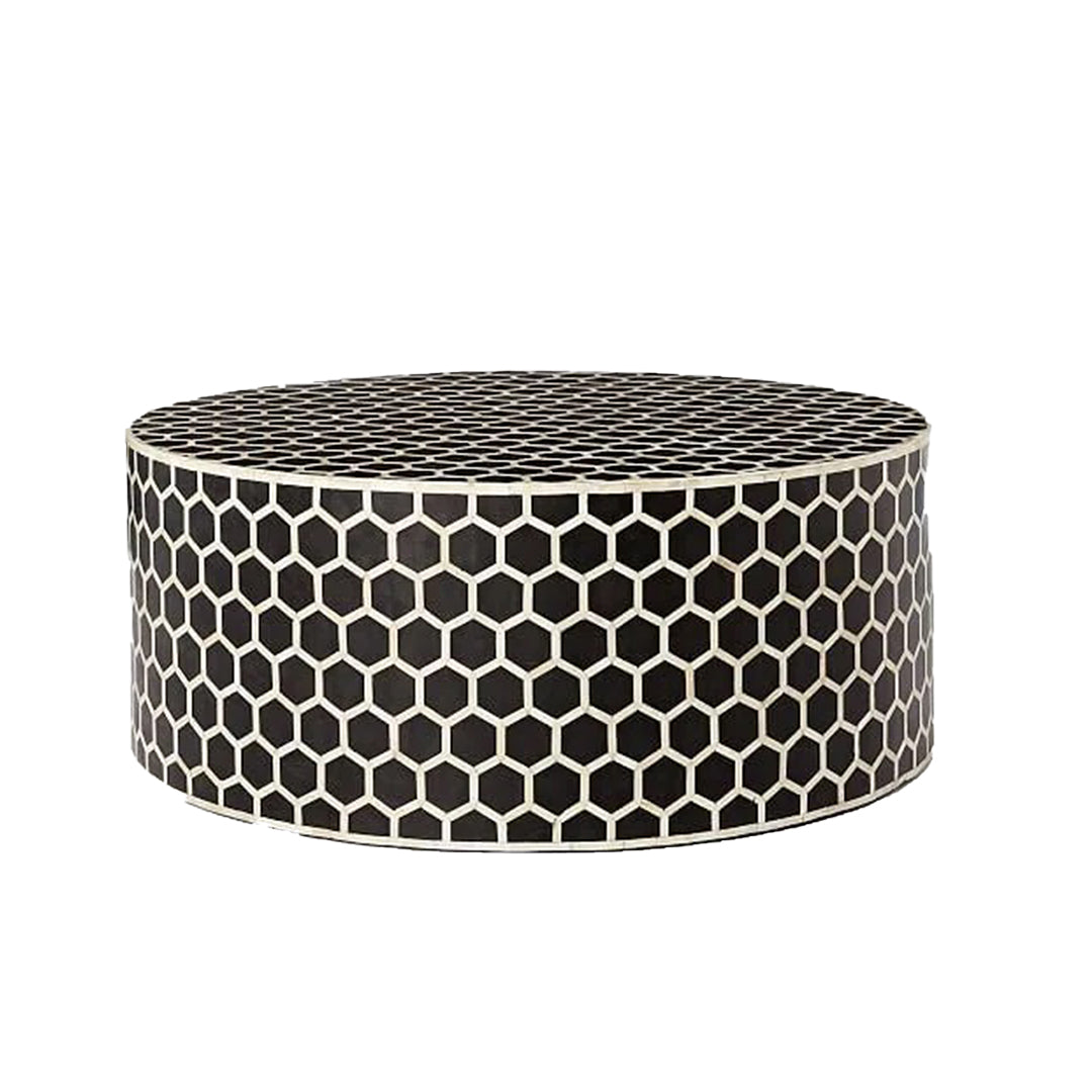 Geometric Honeycomb Pattern Bone Inlay Round Coffee Table - Black
