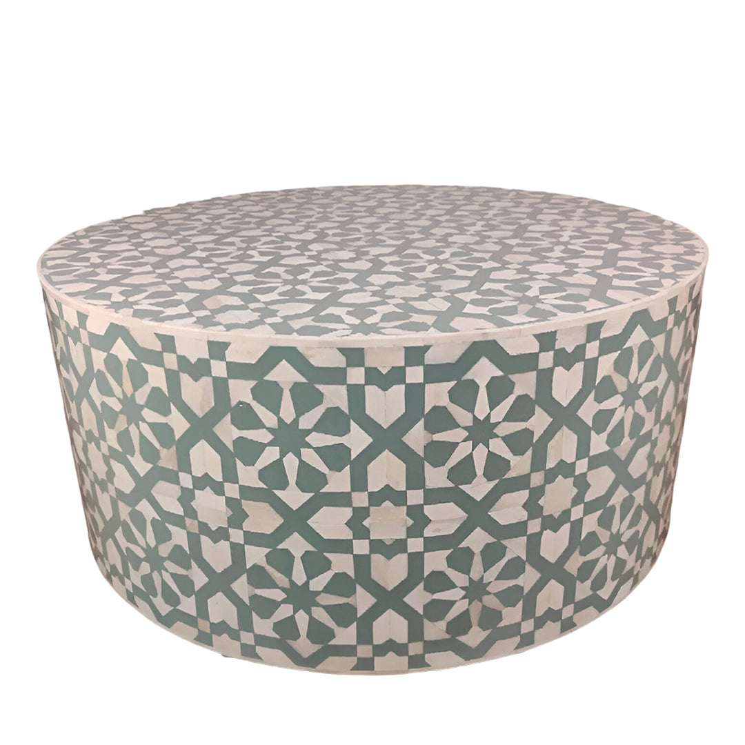 Moroccan Pattern Bone Inlay Round Coffee Table - Teal