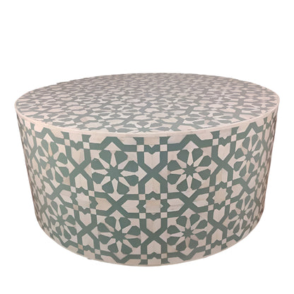 Moroccan Pattern Bone Inlay Round Coffee Table - Teal