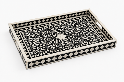 Handcrafted Bone Inlay Round Tray with Floral Pattern – Luxury Serving Tray