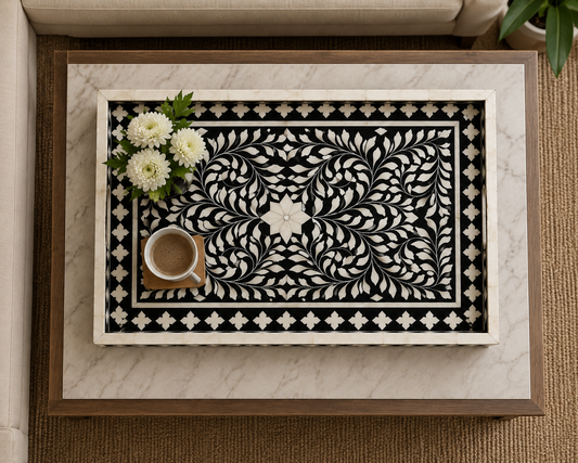 Handcrafted Bone Inlay Round Tray with Floral Pattern – Luxury Serving Tray