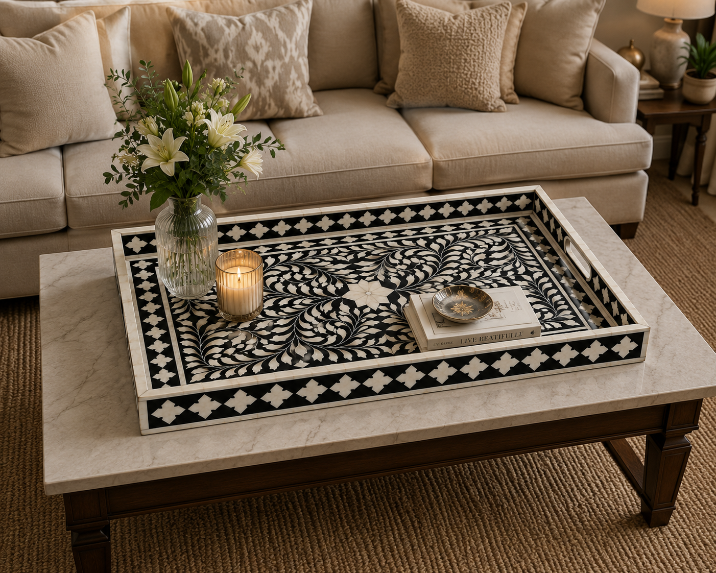 Handcrafted Bone Inlay Round Tray with Floral Pattern – Luxury Serving Tray