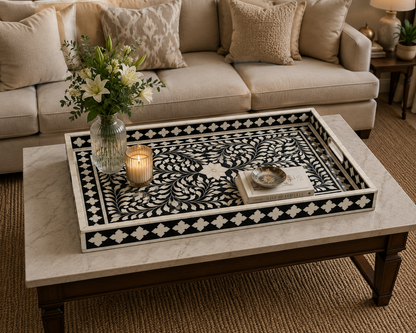 Handcrafted Bone Inlay Round Tray with Floral Pattern – Luxury Serving Tray