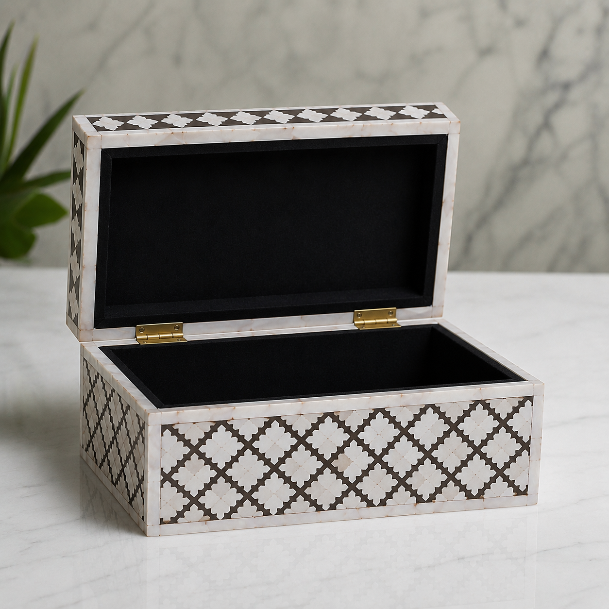 Luxury Handmade Mother of Pearl Inlay Jewelry Box | Geometric Pattern Keepsake Box.