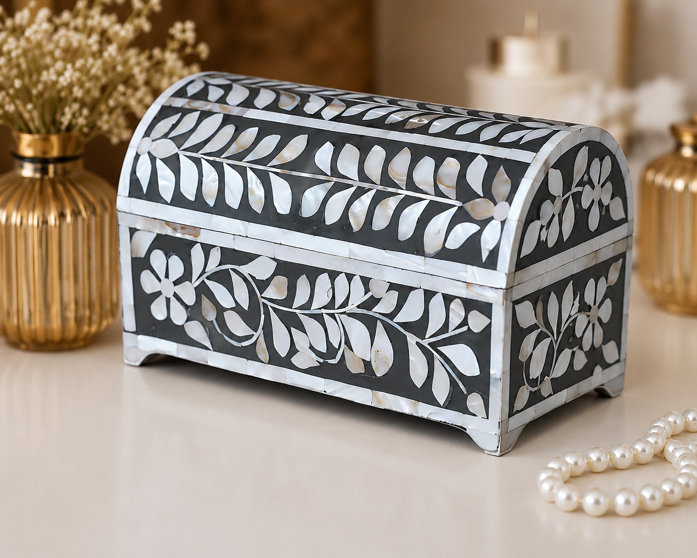 Luxury handcrafted mother of pearl jewelry storage box with floral vine motif and arched lid