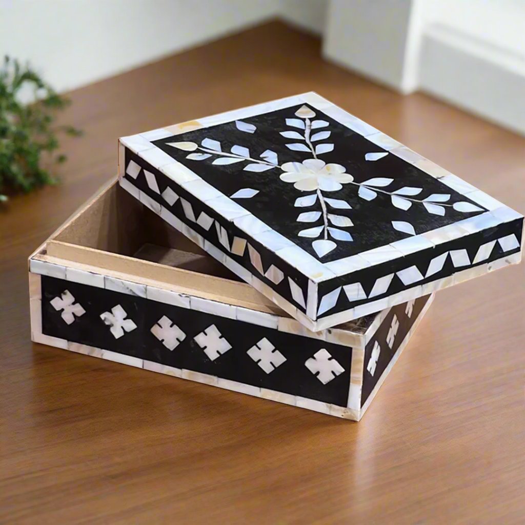 Luxury Handmade Mother of Pearl Floral Jewelry Box Rectangular Keepsake Box