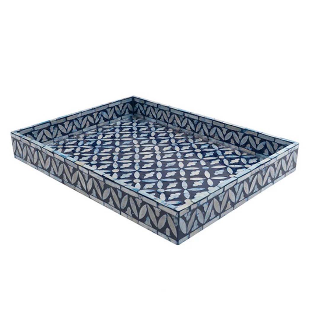 Decorative rectangular mother of pearl tray in blue and white