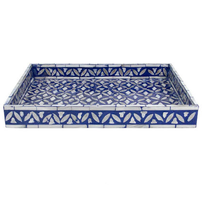 Artisan blue rectangular tray with intricate pearl inlay design