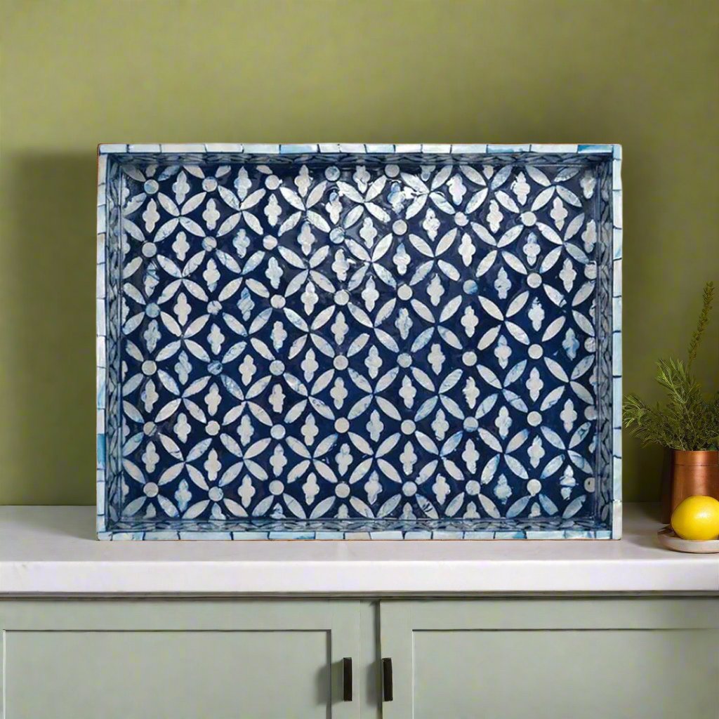 Handcrafted blue mother of pearl inlay rectangular tray with geometric pattern