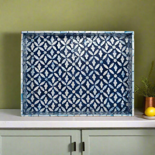 Handcrafted blue mother of pearl inlay rectangular tray with geometric pattern