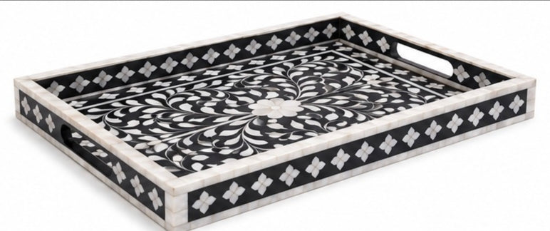 Handmade rectangular mother of pearl tray in black and white