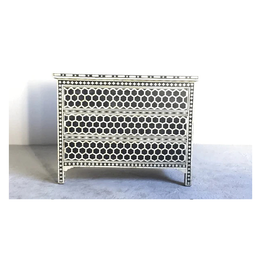 Bone Inlay Chest Of 3 Drawers, Honeycomb Pattern In Black