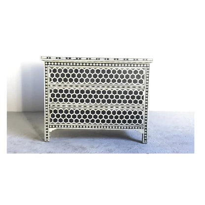 Bone Inlay Chest Of 3 Drawers, Honeycomb Pattern In Black