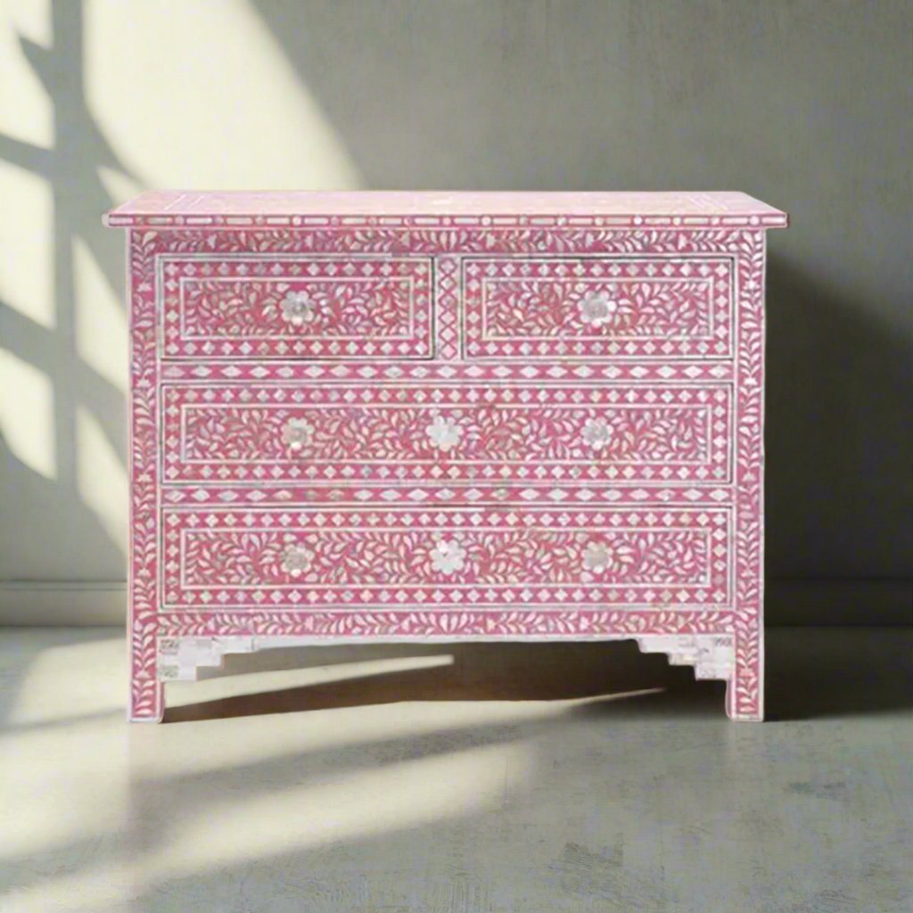 Handmade Pink Mother of Pearl Inlay Chest of 4 Drawers vintage interiors for home