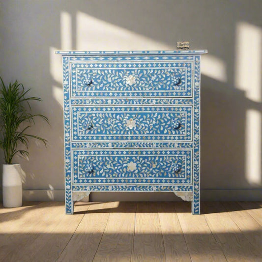 HANDMADE BLUE MOTHER OF PEARL CHEST OF 3 DRAWERS