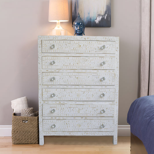 Bone Inlay Chest Of 6 Drawers, Floral Pattern In White