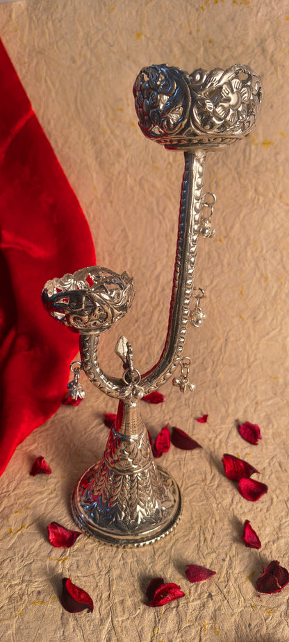 Decorative Dual Tealight Candle Holder with Silver Finish and Ornate Floral Design