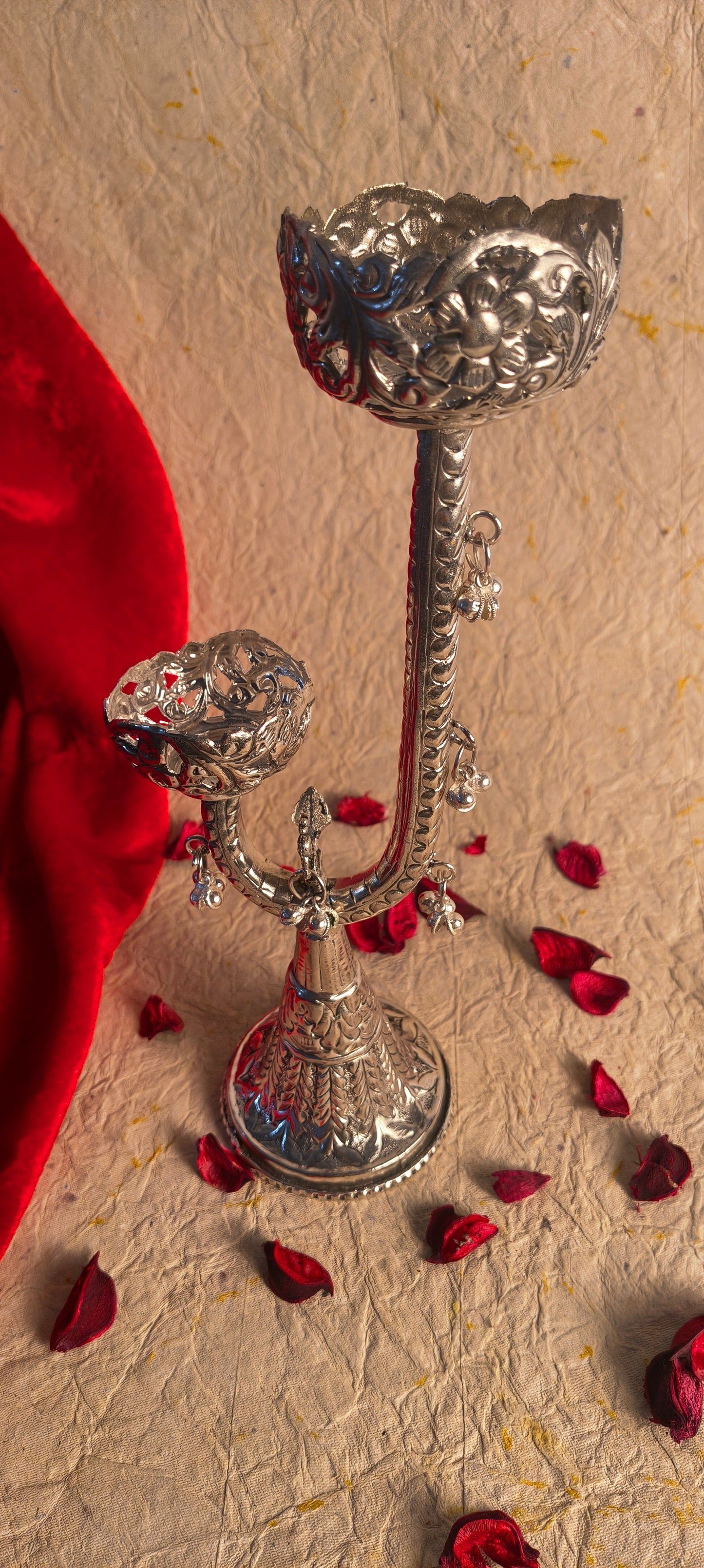 Elegant Two Tier Tealight Holder with Intricate Metalwork and Hanging Charms