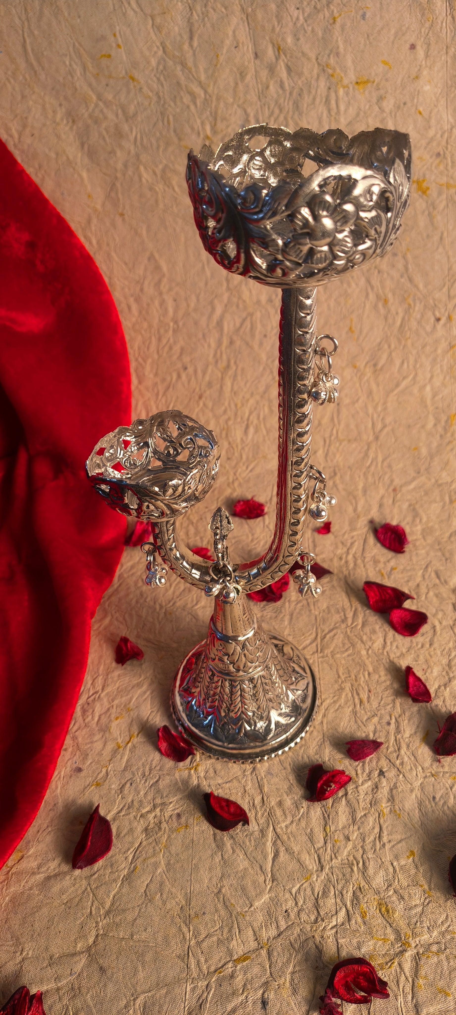 Traditional Silver Tone Candle Holder for Diwali Decor and Living Room Accents