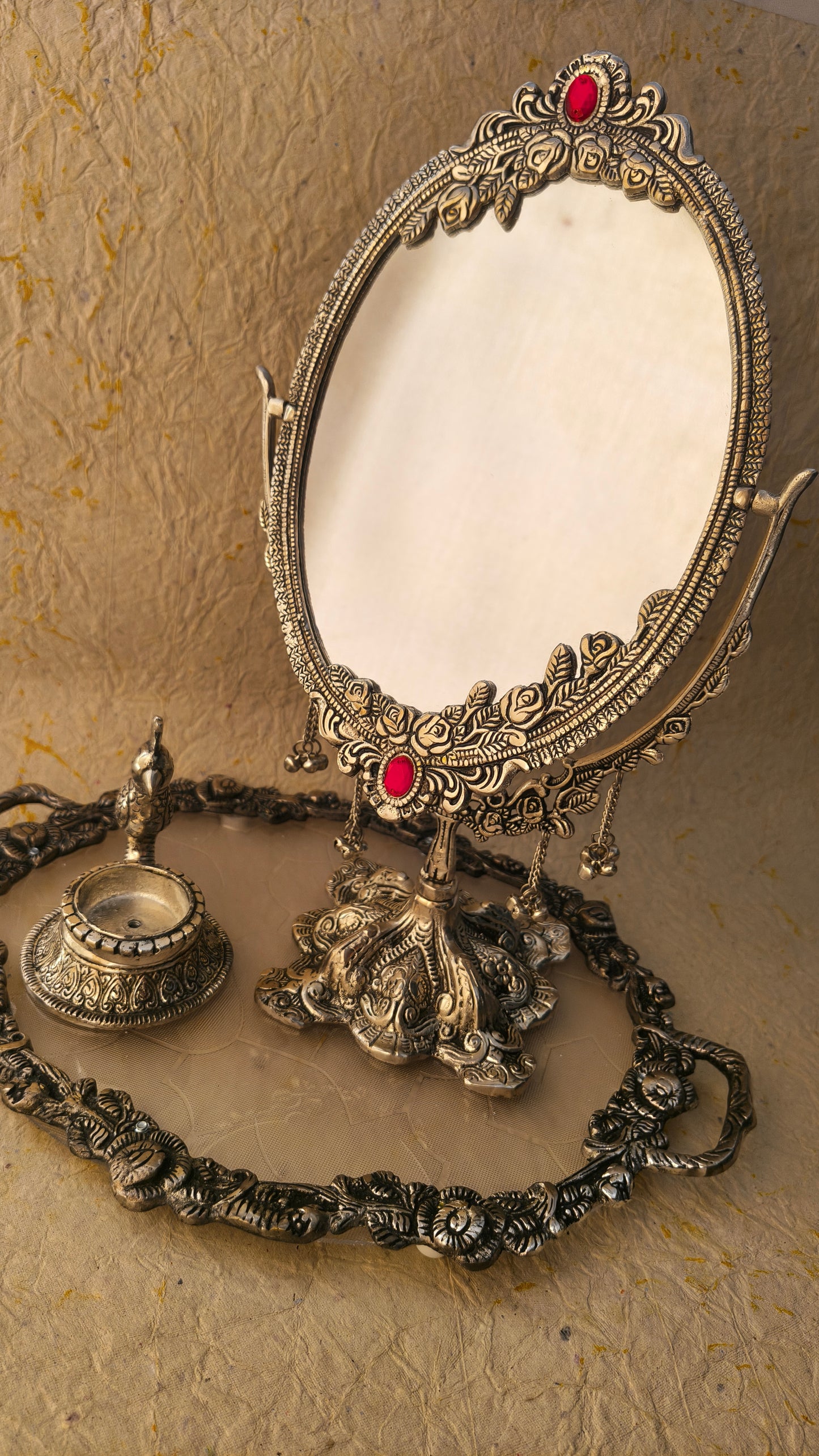 Antique Finish Decorative Tabletop Mirror with Ornate Rose Design, Floral Tray and Candle Holder Accent