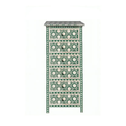 Bone Inlay Chest Of 6 Drawers Tall Boy In Floral Pattern Green Color