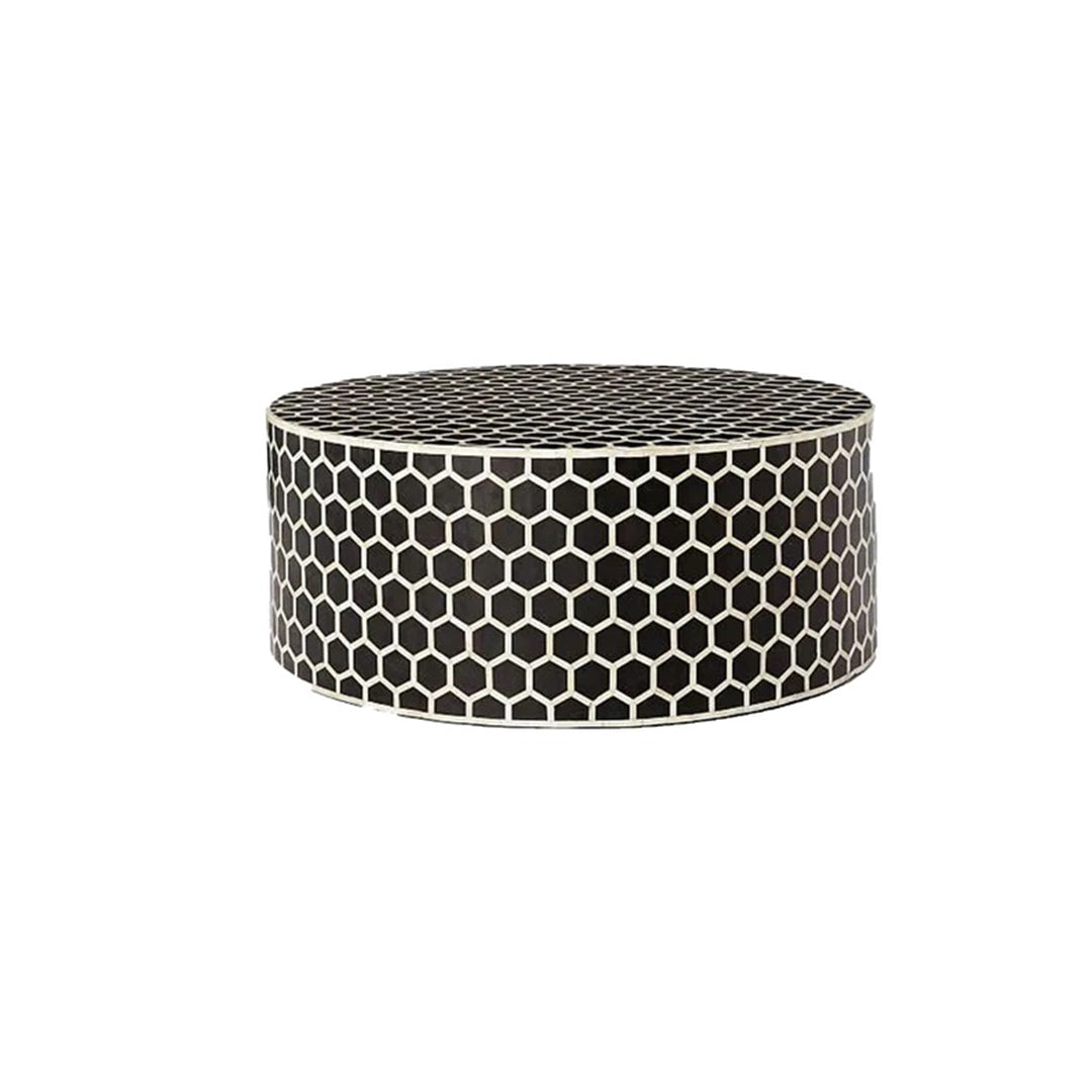 Geometric Honeycomb Pattern Bone Inlay Round Coffee Table - Black