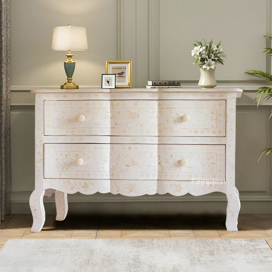 Bone Inlay Chest Of 2 Drawers, Floral Vintage Pattern In White