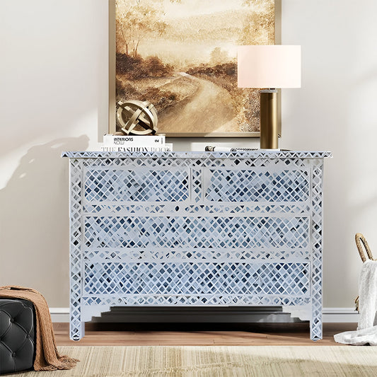 Bone Inlay Chest Of 4 Drawers , Marrakech Pattern In blue