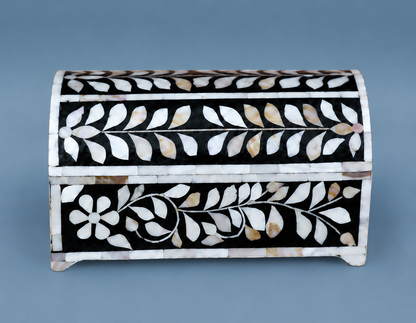 Handmade Mother of Pearl jewelry box with black floral inlay pattern and luxury accessories