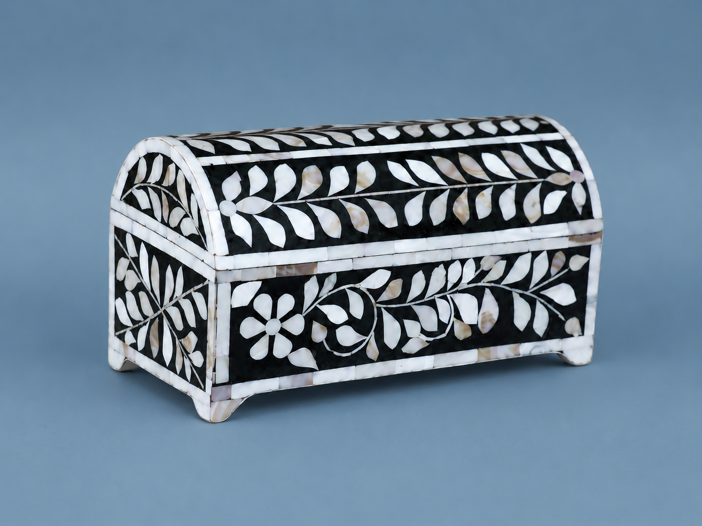 Handcrafted floral Mother of Pearl jewelry organizer with open lid and jewelry inside