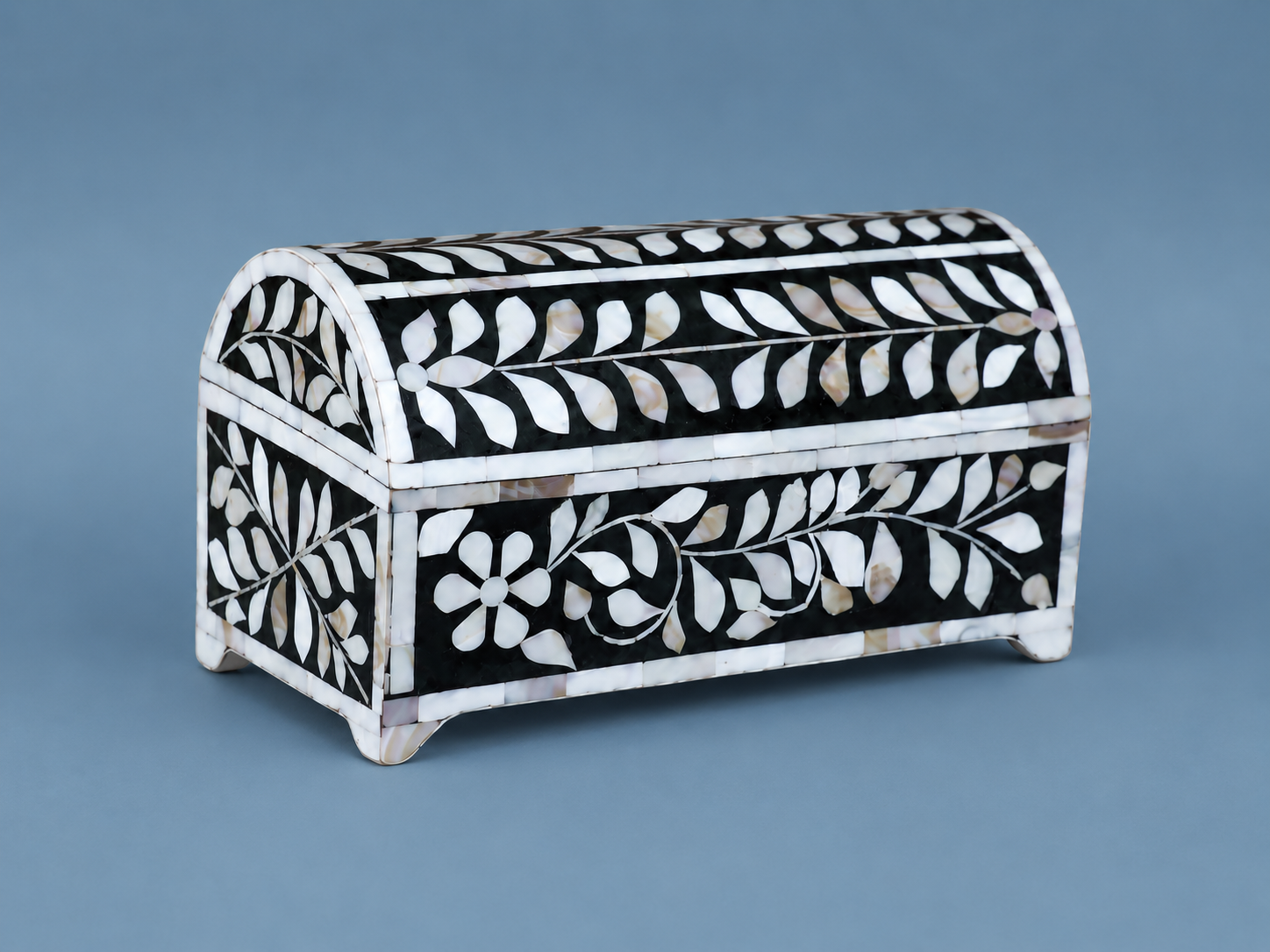 Handcrafted floral Mother of Pearl jewelry organizer with open lid and jewelry inside