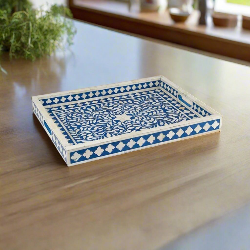 Bone Inlay Tray in Floral Design - Blue