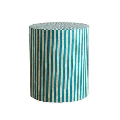 HANDMADE TURQUOISE BLUE BONE INLAY ROUND STOOL IN STRIPE PATTERN
