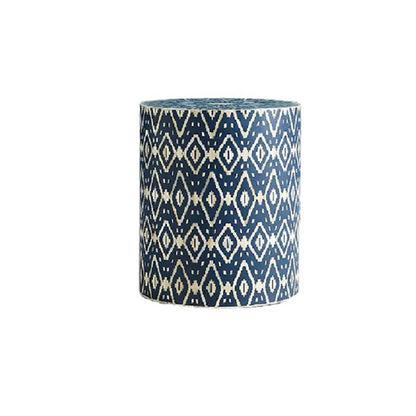 HANDMADE BLUE BONE INLAY ROUND STOOL IN GEOMETRICAL IKKAT PATTERN