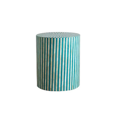 HANDMADE TURQUOISE BLUE BONE INLAY ROUND STOOL IN STRIPE PATTERN