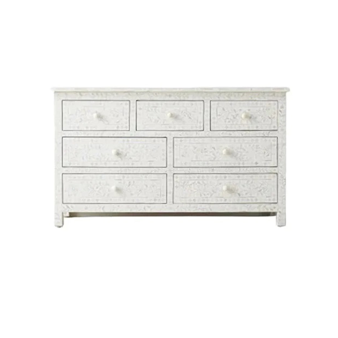 Handcrafted Bone Inlay 7-Drawer Chest – Floral Design in White