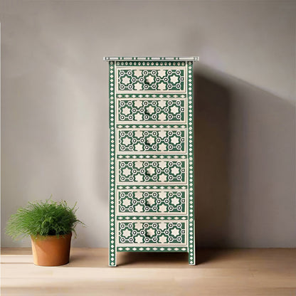 Bone Inlay Chest Of 6 Drawers Tall Boy In Floral Pattern Green Color