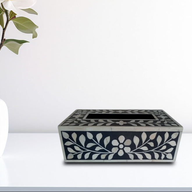 Luxury floral bone inlay tissue box handcrafted from bone, resin, and MDF wood for sophisticated interiors.