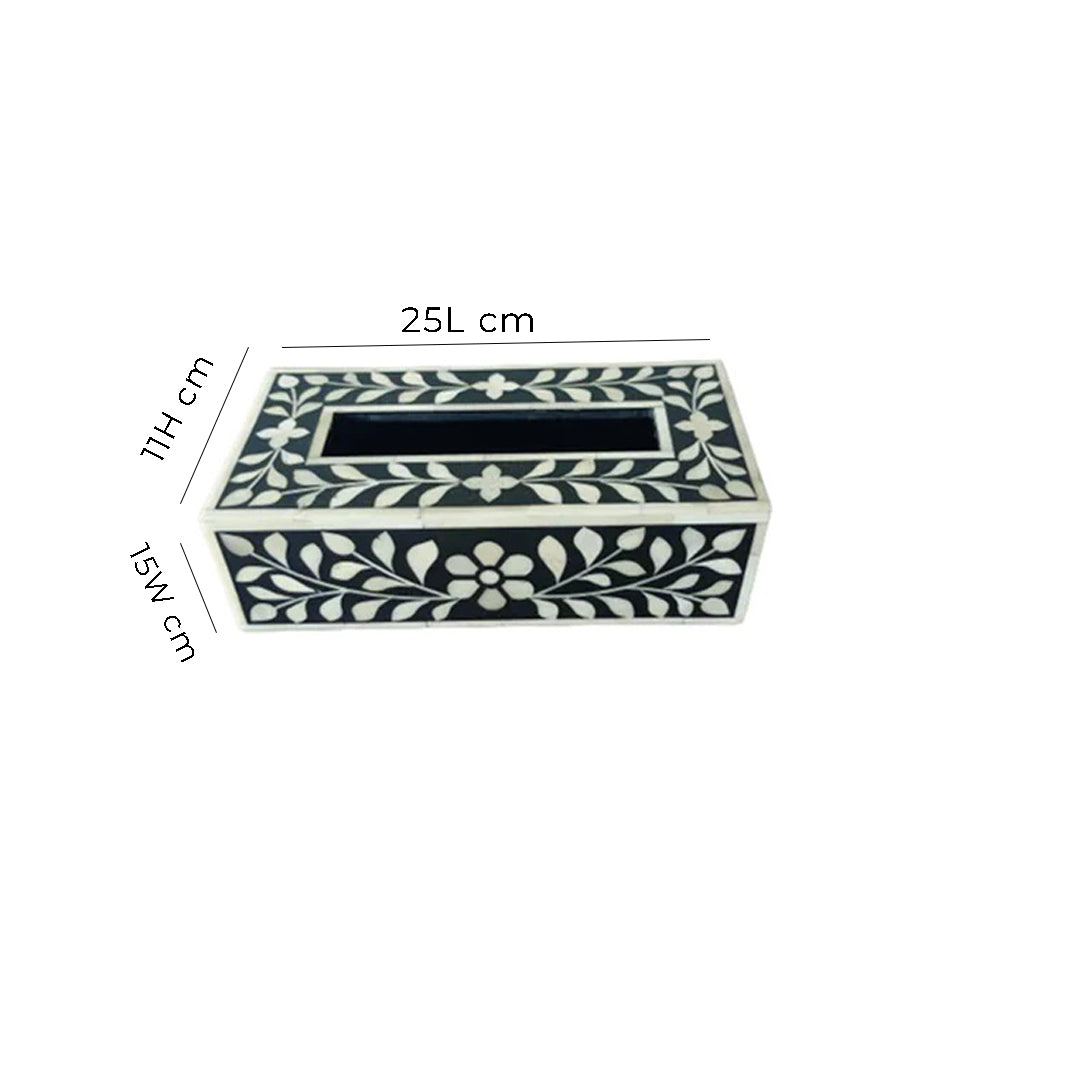Customisable black bone inlay tissue box with elegant floral inlay design for luxury home accessories.