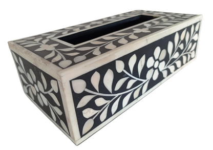 Artisan-made black bone inlay tissue paper box with floral detailing for premium home décor and gifting.