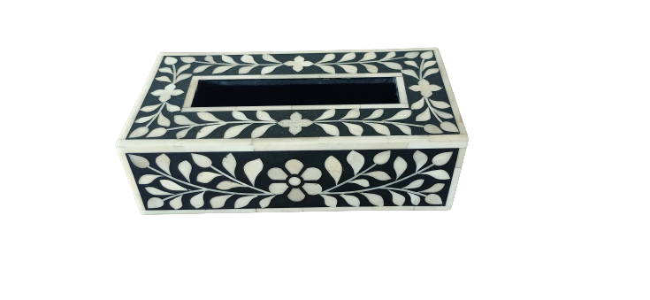 Handmade black bone inlay tissue box cover with intricate floral pattern, crafted from bone inlay, resin, and MDF wood for luxury home décor