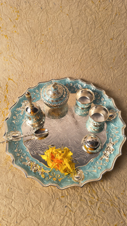 Decorative Blue Enamel Pooja Thali Set with Diya, Bell and Kumkum Holders for Home Temple