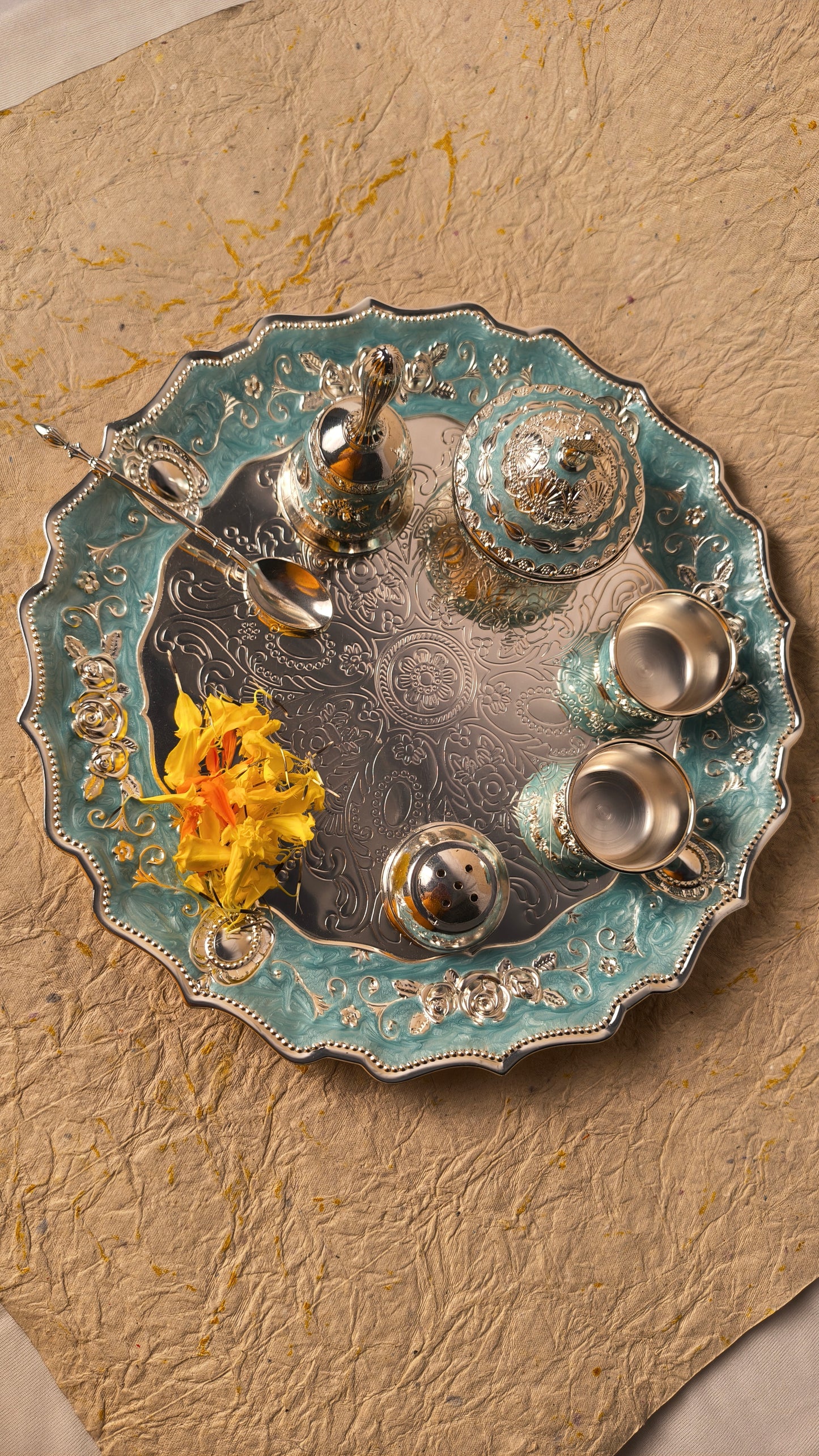 Handmade Style Blue Meenakari Pooja Thali Set for Daily Worship and Festive Rituals