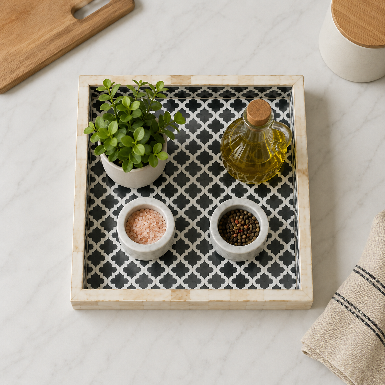 Modern Handmade Bone Inlay Square Tray with Geometric Inlay Design.