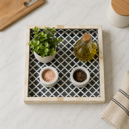 Modern Handmade Bone Inlay Square Tray with Geometric Inlay Design.